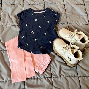 18m girls toddler blue T-shirt with white hearts.